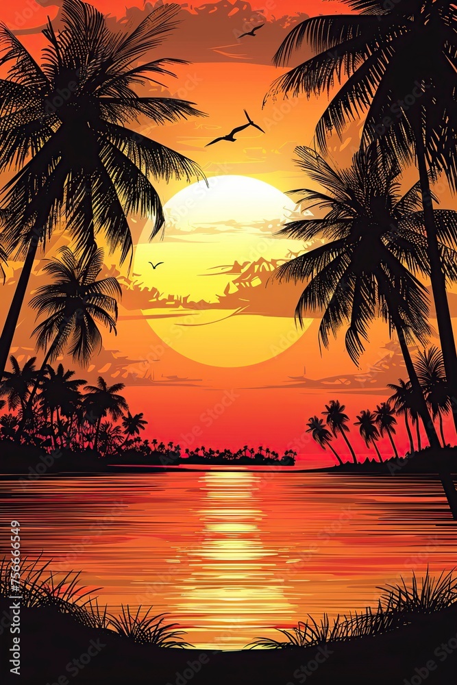 Sunset Painting With Palm Trees