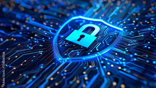 A blue shield with a digital padlock and circuit board pattern, symbolizing the protection of data in cloud security. The background is dark to emphasize the cyber theme. There is an array of small wh