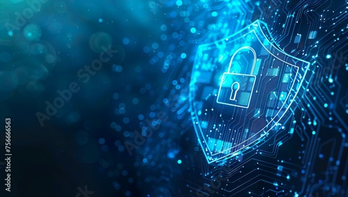 A blue shield with a digital padlock and circuit board pattern, symbolizing the protection of data in cloud security. The background is dark to emphasize the cyber theme. There is an array of small wh