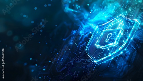 A blue shield with a digital padlock and circuit board pattern, symbolizing the protection of data in cloud security. The background is dark to emphasize the cyber theme. There is an array of small wh