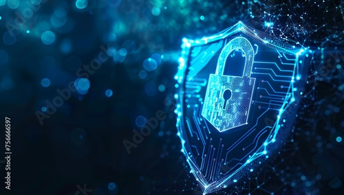 A blue shield with a digital padlock and circuit board pattern, symbolizing the protection of data in cloud security. The background is dark to emphasize the cyber theme. There is an array of small wh