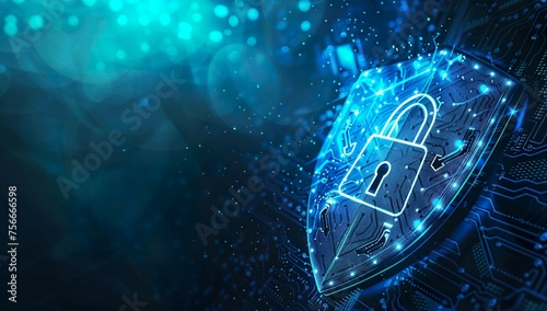 A blue shield with a digital padlock and circuit board pattern  symbolizing the protection of data in cloud security. The background is dark to emphasize the cyber theme. There is an array of small wh