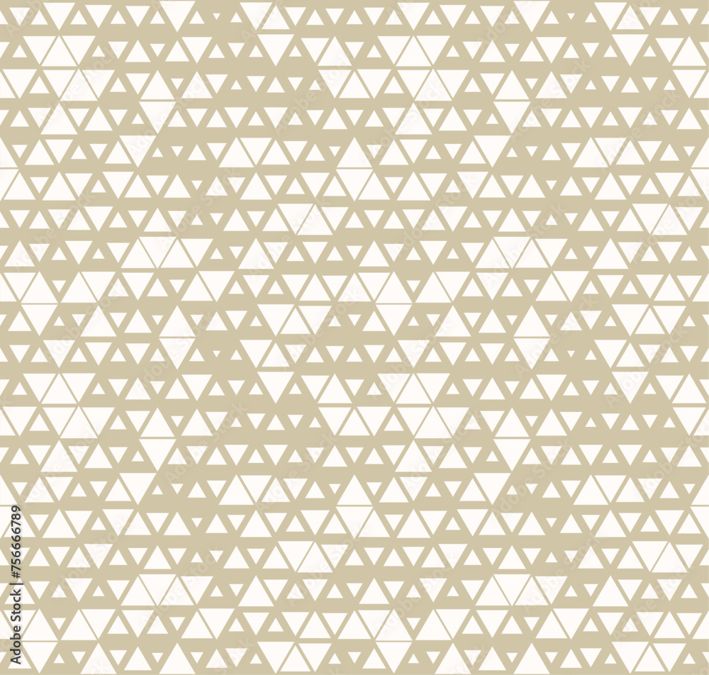 Golden vector seamless pattern with small triangles. Stylish modern background with halftone effect, randomly scattered shapes, diamonds, grid. Simple gold and white texture. Repeat luxury geo design