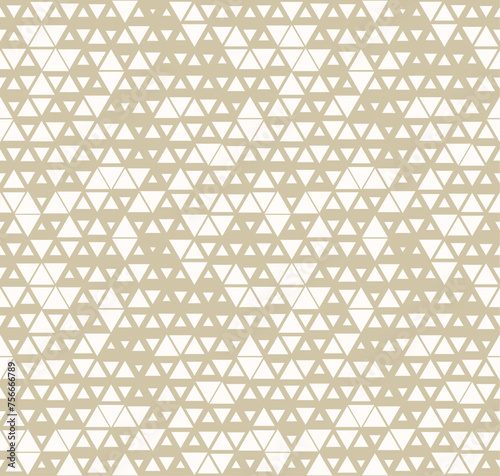 Golden vector seamless pattern with small triangles. Stylish modern background with halftone effect, randomly scattered shapes, diamonds, grid. Simple gold and white texture. Repeat luxury geo design