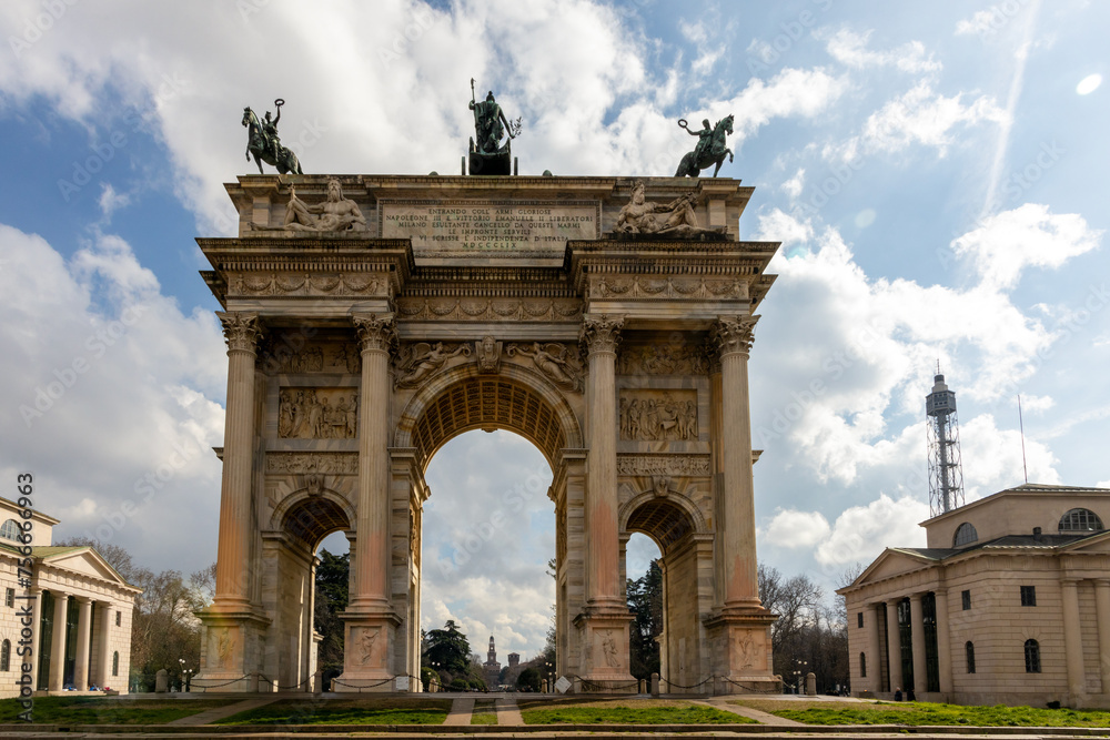 Arco della Pace (Arc of Peace) In Milan, Italy, a Triumphal arch with bas-reliefs and statues, built by Luigi Cagnola at the request of Napoleon