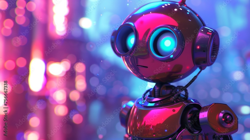 A robot with glowing eyes and a red body stands alert and watchful