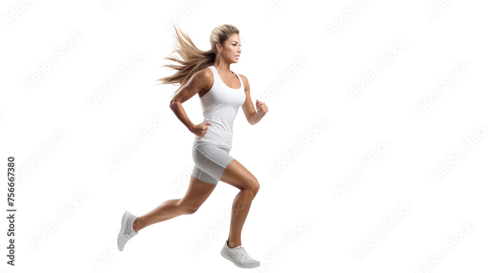 Female athlete running and jumping isolated on white
