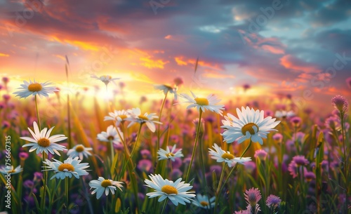 Sunset Dreams over a Wildflower Meadow: Idyllic Nature Scene for Calm and Healing Themes