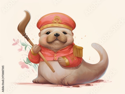 A walrus pup in a band leaders uniform conducting photo
