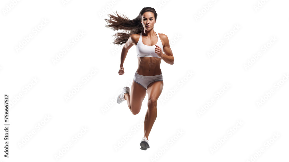 Female athlete running and jumping isolated on white