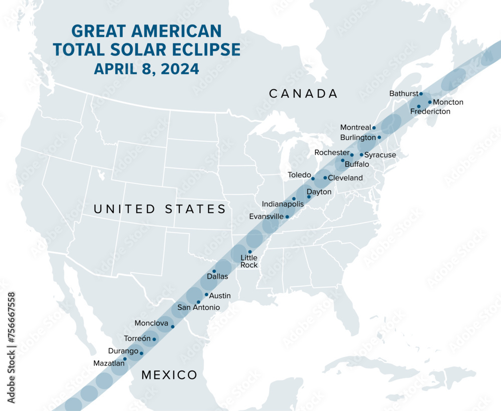 Great American Total Solar Eclipse, on April 8, 2024, political map. Major cities in the path of totality, visible across North America, passing over Mexico, the United States, and Canada. Vector. - obrazy, fototapety, plakaty 
