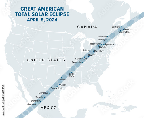 Great American Total Solar Eclipse, on April 8, 2024, political map. Major cities in the path of totality, visible across North America, passing over Mexico, the United States, and Canada. Vector. photo