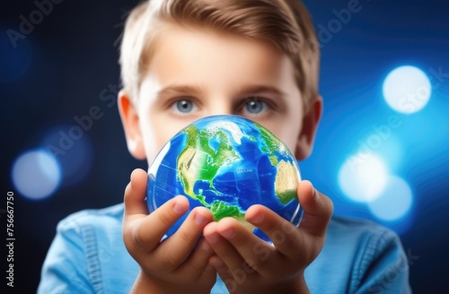 A young boy holds a small globe in his palms against a dark blurred background with bokeh lights, his eyes full of hope and wonder