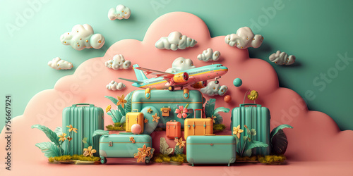 Whimsical travel-themed illustration featuring suitcases, a colorful airplane, and playful clouds. Generative AI.