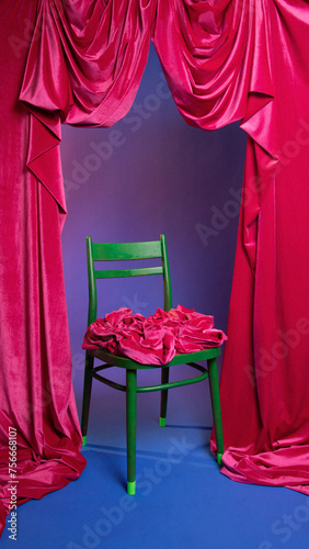 flower chair on blue background with theater curtain, spring decor