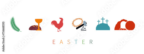 Easter Sunday christian holiday colored icons set in silhouettes. Icons design palm leaf, bread and bowl, cock, crown of thorns, hammer and nails, Calvary and tomb. Vector illustration