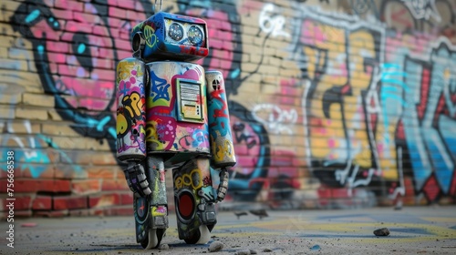 Toy robot seated before colorful graffiti wall