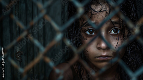 Kinderarmut durch Portrait von Kind im Krieg mit traurigem leerem Gesichtsausdruck Migration Generative AI