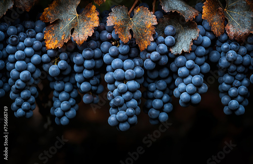 Bunches of blue grapes on a dark background
