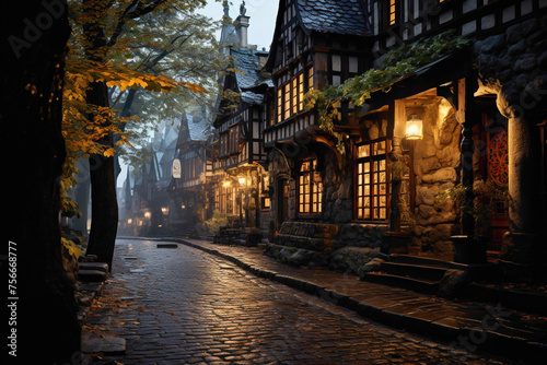 An ancient cobblestone road in a medieval town, lined with charming buildings and illuminated by antique street lamps.