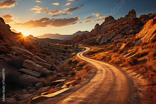 An extraordinary road winding through a surreal desert landscape, with bizarre rock formations and otherworldly features, creating an otherworldly scene.