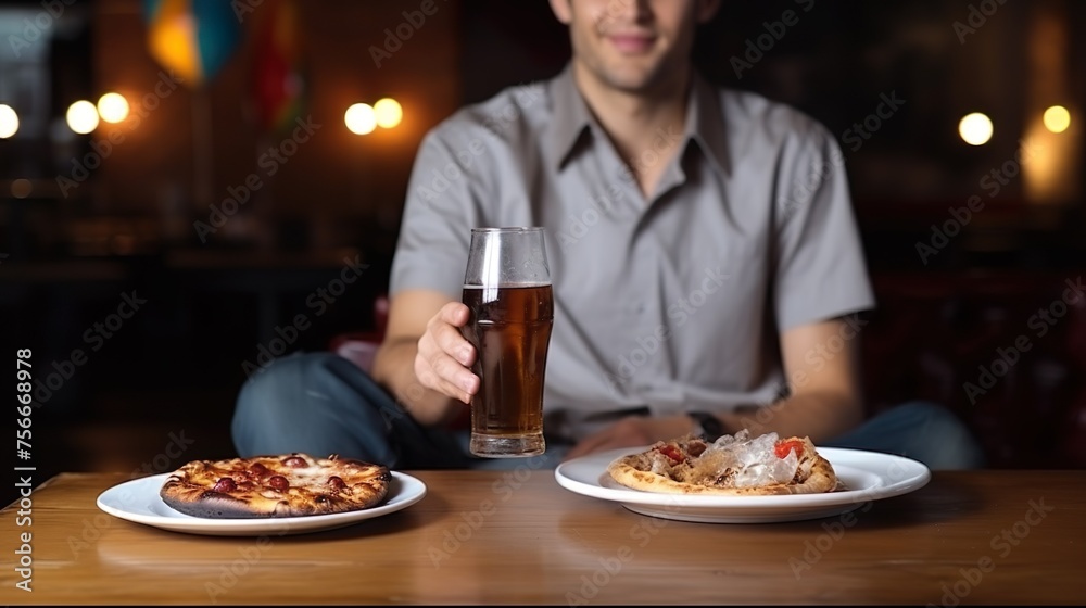 happy man taking meal of pizza outdoors smiling