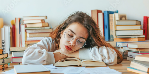 Exhausted Student Asleep Among Books. A young student is overwhelmed by study, falling asleep amid a pile of books.