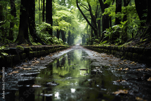 Dense forest road during a gentle rain, with raindrops glistening on leaves, creating a serene and refreshing atmosphere in the heart of nature.