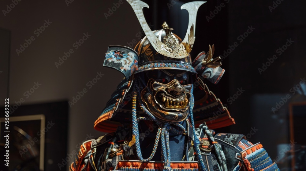 Traditional Japanese Samurai Armor Display - A vibrant display of a traditional Japanese samurai armor with intricate details and historic design