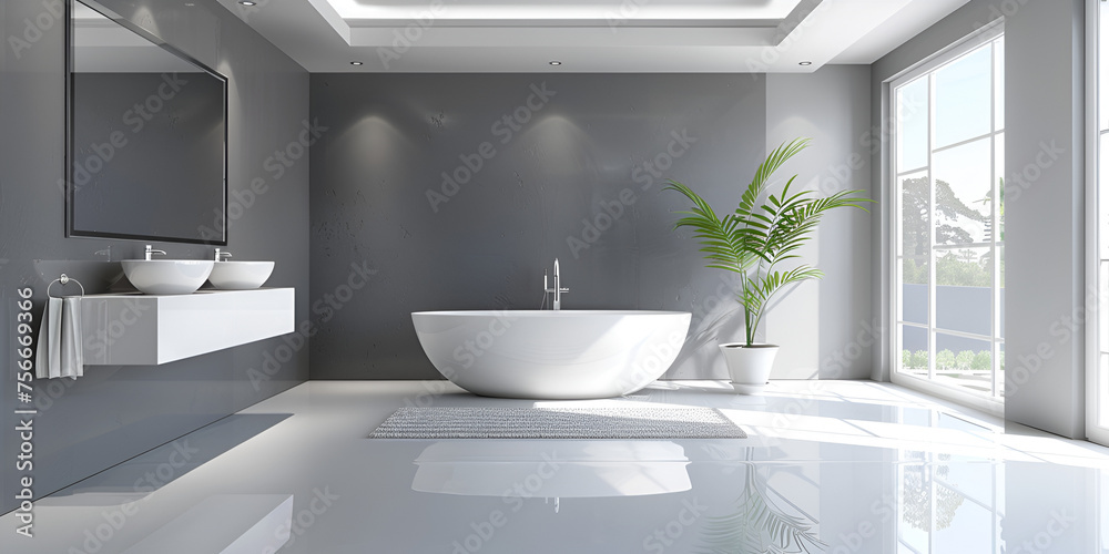 Fototapeta premium Modern white bath with wooden small table on light glossy floor and grey wall background