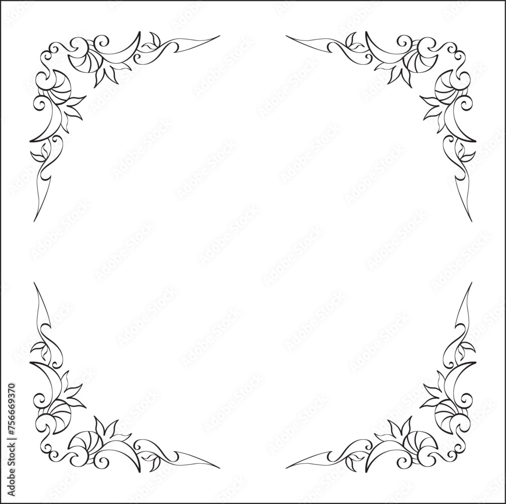 Elegant black and white ornamental frame, decorative border, corners for greeting cards, banners, business cards, invitations, menus. Isolated vector illustration.	