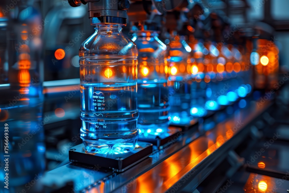 Closeup of the interior of an advanced water treatment plant, showing high-tech equipment and glowing blue lights on glass bottles being printed