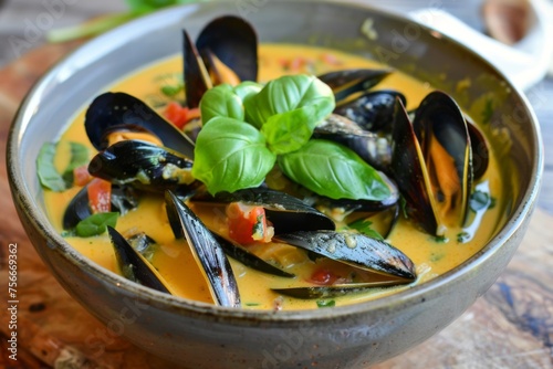 Steaming bowl of mussels with creamy sauce - A traditional bowl of mussels served in a rich and creamy sauce, decorated with herbs for added flavor