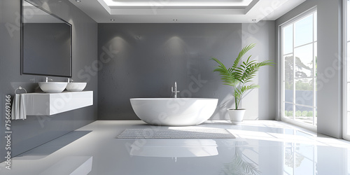 Modern white bath with wooden small table on light glossy floor and grey wall background