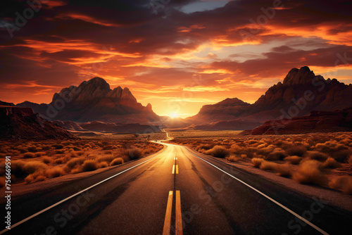 Desert highway at sunset, with the sky ablaze in warm hues, casting long shadows across the arid landscape, creating a mesmerizing scene.