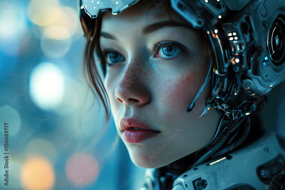 Close up Side portrait of a beautiful cyberwoman with wires and metallic white shiny parts and big blue eyes on blurred blue bokeh background Close up Side portrait of a beautiful cyberwoman with wires and metallic white shiny parts and big blue eyes on blurred blue bokeh background