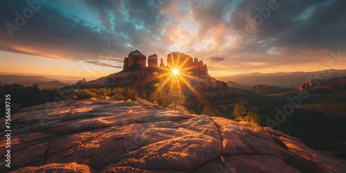 panoramic view of cathedral rock in arizona at sunrise, beautiful sun rays illuminate the landscape, high resolution photography captures the scene © artfisss