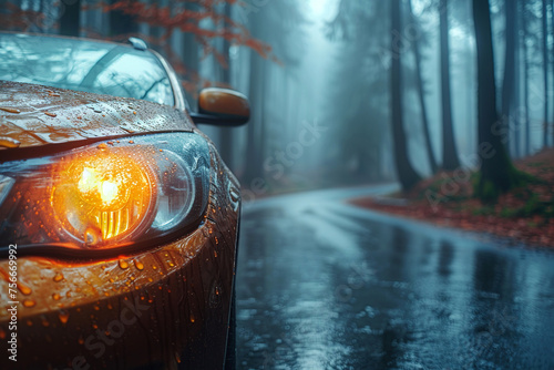 Front view of the headlight of a modern yellow car glowing orange against the background of a foggy forest road in the rain