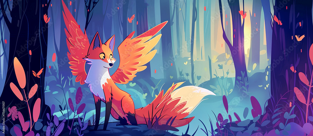 Obraz premium Illustration of surpised fox with wings in the magic forest. Bibi from Asian Mythology.
