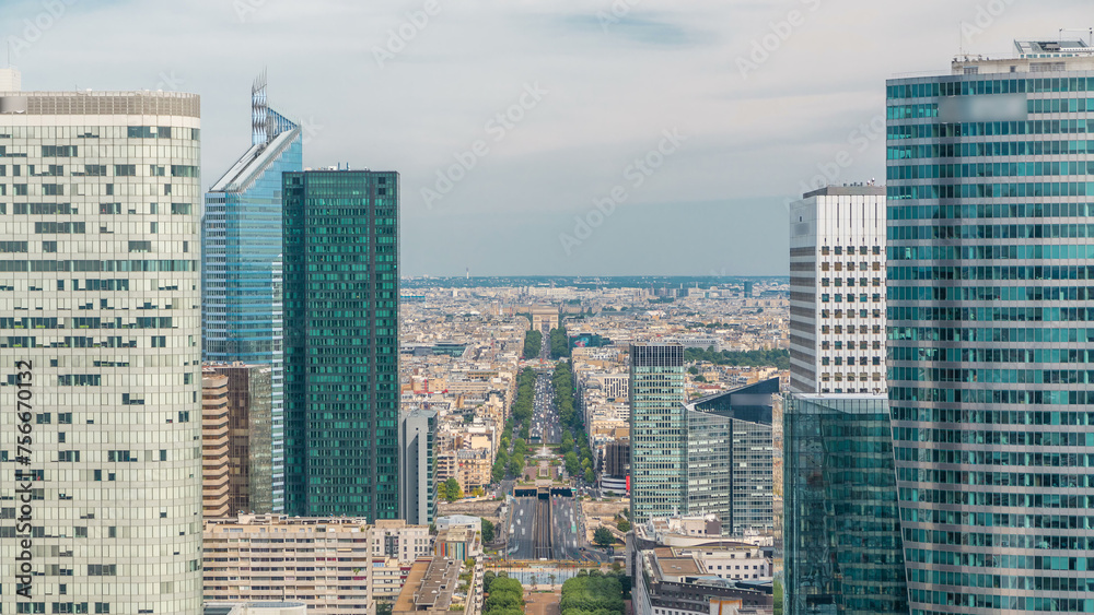 Aerial view of Paris and modern towers timelapse from the top of the skyscrapers in Paris business district La Defense