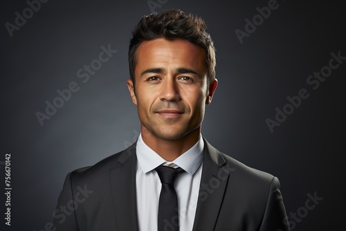 Attractive young confident handsome man in a business suit looks calmly relaxed on a dark gray background