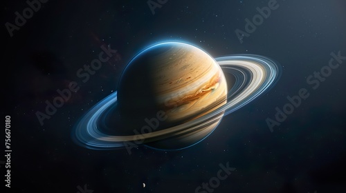 Landscape with Saturn planet in sky with stars. Fantasy space wallpaper with planet over the land. Sci-fi.