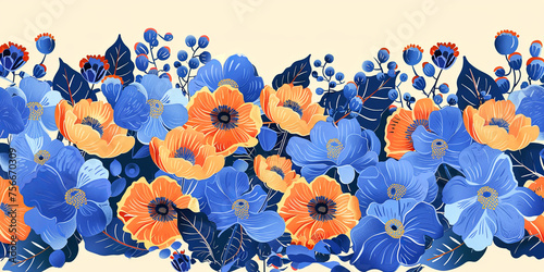 Botanical blue and orange banner  with summer flowers. Abstract background