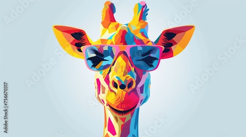 Portrait of a colorful giraffe with sunglasses on white background. Cartoon 3d illustrations.