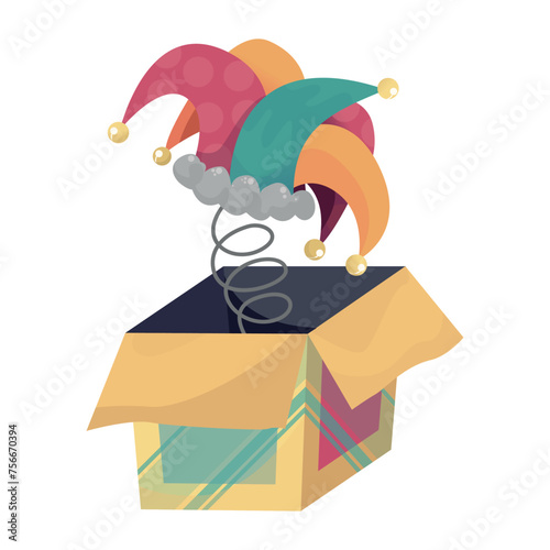 Surprise Box and  jester hat, Jack in the box toy. Vector illustration on a white background for the first of April, April Fool's Day