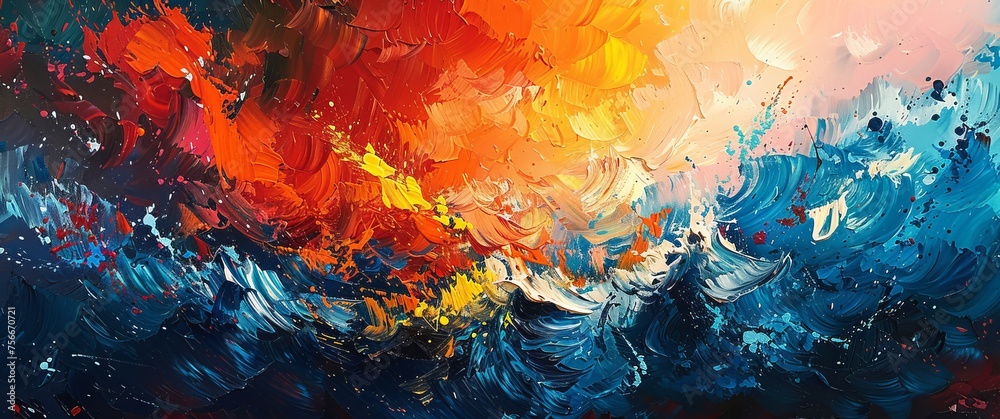Abstract painting of waves in colors of red, orange and blue, with brush strokes and palette knife techniques. 