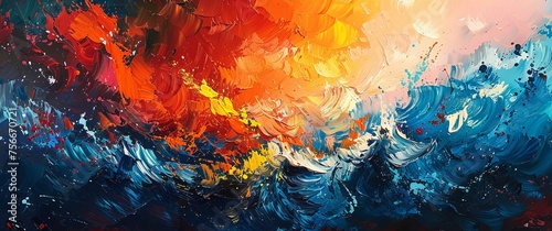 Abstract painting of waves in colors of red, orange and blue, with brush strokes and palette knife techniques. 