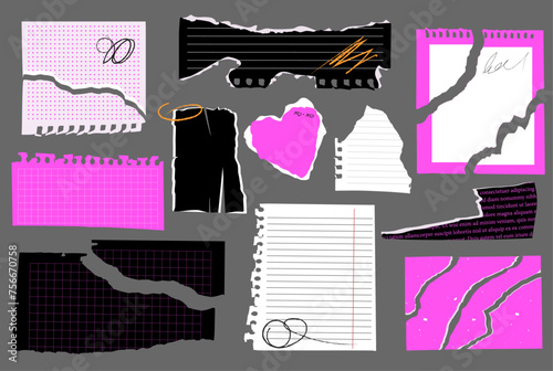 Torn sheets of paper and newspaper clippings in pink, black, white punk rock style. Vector pieces of torn ripped notebook paper scrap in cage, line and aged painted scribbles.