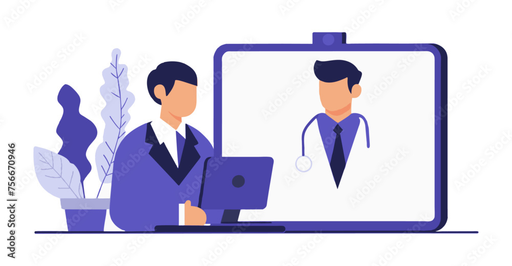 Online medical conference patient with doctor flat illustration in white background