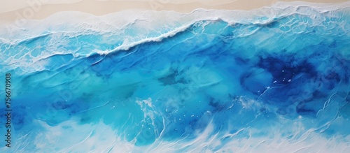 A stunning painting capturing the power of a wind wave crashing onto a sandy beach, with a fluid and liquidlike depiction of water under a cloudy sky on the horizon